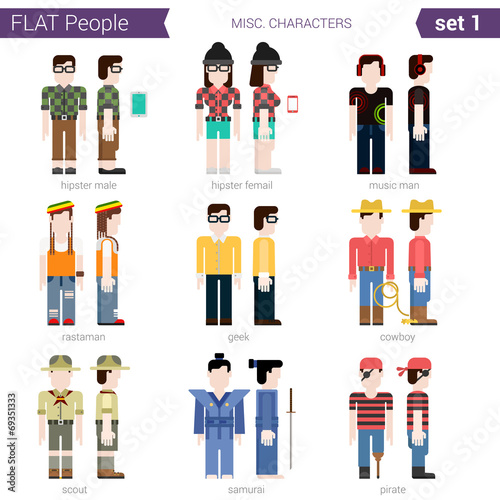 Flat style design people vector set hipster geek cowboy rastaman