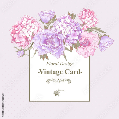 Vintage Greeting Card with Hydrangea and Peonies