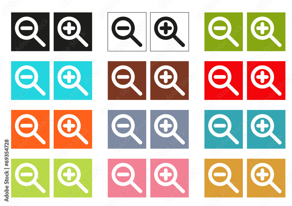 Set of 12 isolated colorful cursors (icons) for zoom in and zoom Stock