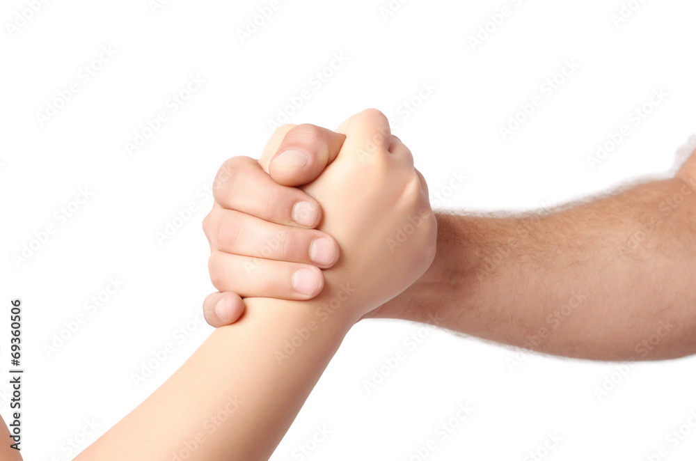 Man and child handshake over the white Man and child handshake over the white