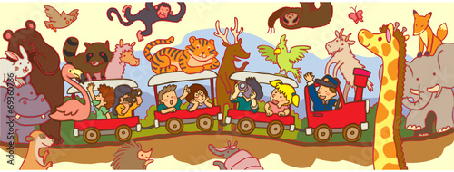 Kids travel through the wilderness safari by train (vector) #69360786