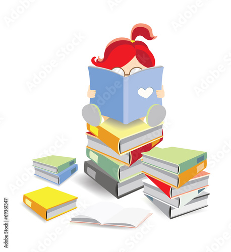 Reading on book stack