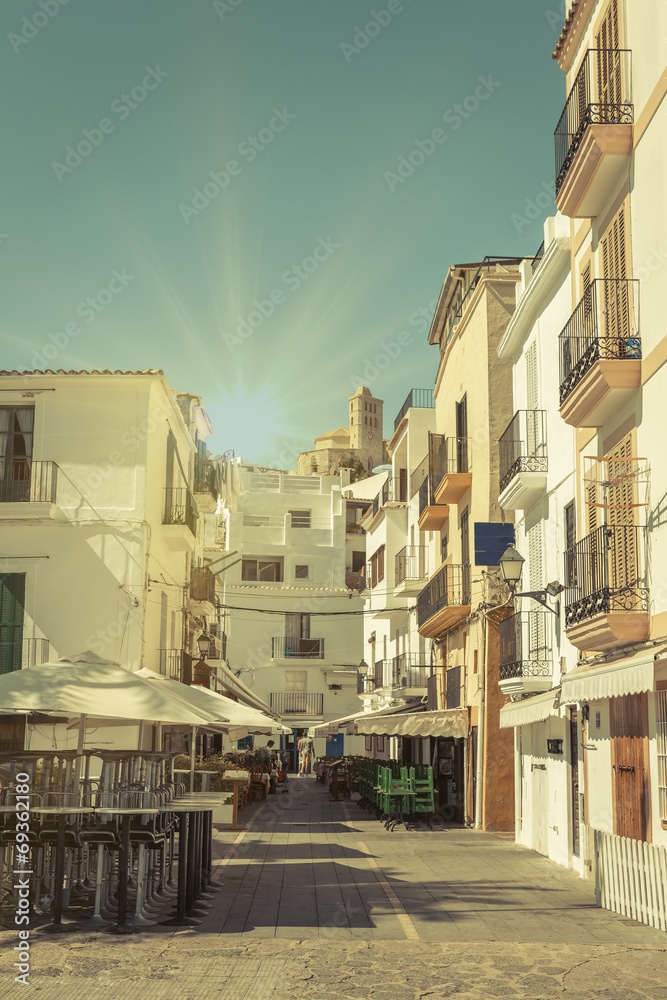 Typical street in old town of Ibiza, in Balearic Islands, Spain