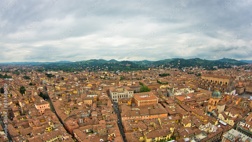 Aerial cityscape view from two towers, Bologna