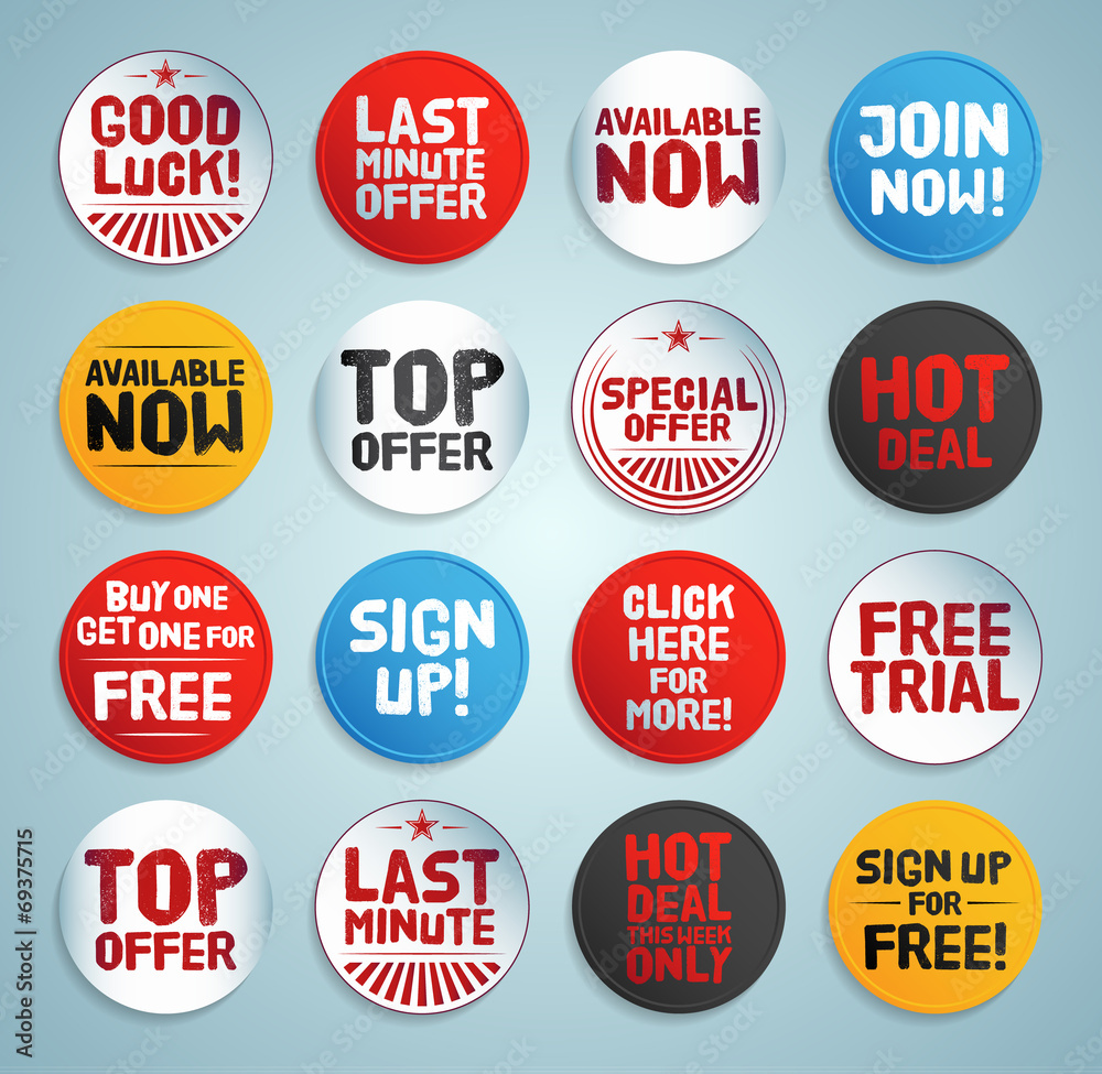 Promo stickers and buttons. EPS10. Promo stickers and buttons. EPS10.