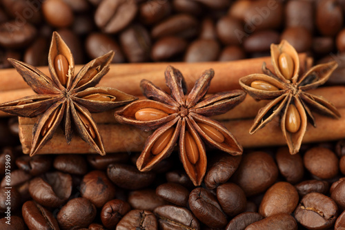 Cinnamon sticks, star anise and coffee beans