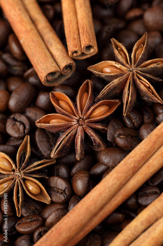 Star anise, cinnamon sticks and coffee beans. Close-up.
