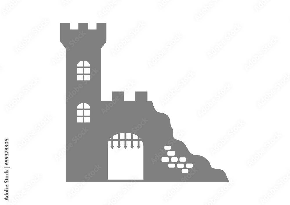 Grey castle ruins on white background