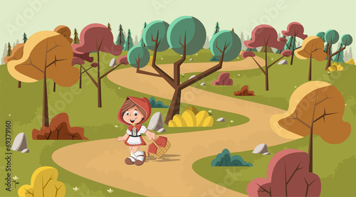 Cute cartoon little red riding hood in the wood