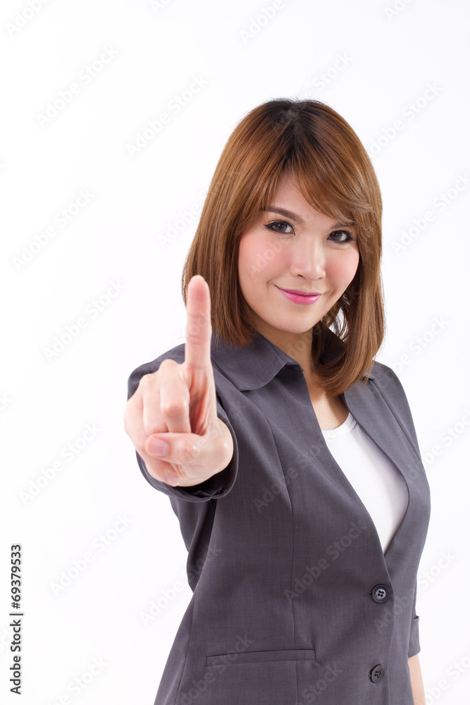 Happy, beautiful, smiling business woman showing one finger Happy, beautiful, smiling business woman showing one finger