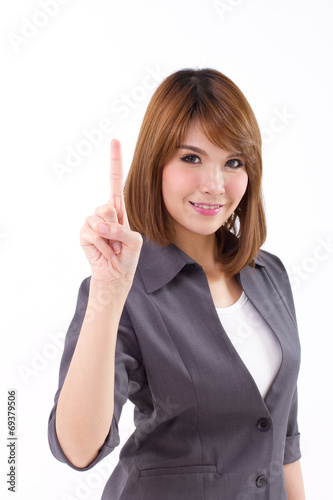 Happy, beautiful, smiling business woman showing one finger