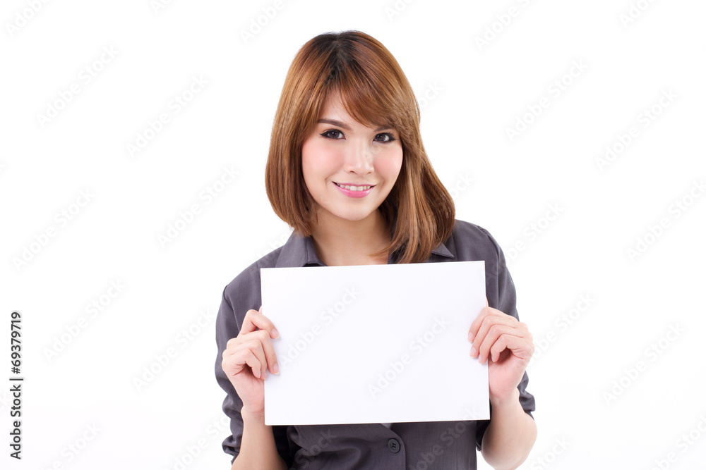 Business woman holding a banner, board, blank card for space Business woman holding a banner, board, blank card for space