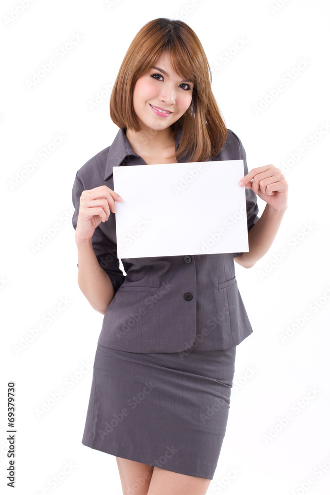 Business woman holding a banner, board, blank card Business woman holding a banner, board, blank card