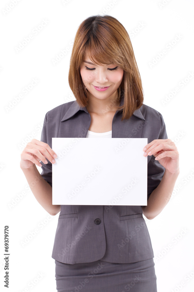 Business woman holding a banner, board, blank card or banner Business woman holding a banner, board, blank card or banner