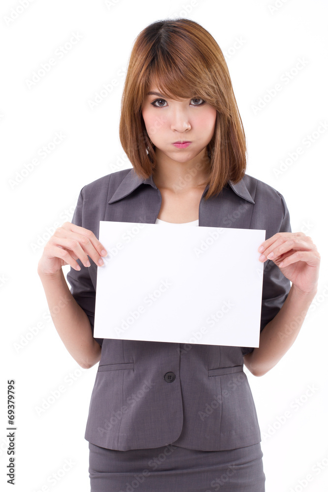 Business woman holding a banner, board, blank card for text spac Business woman holding a banner, board, blank card for text spac
