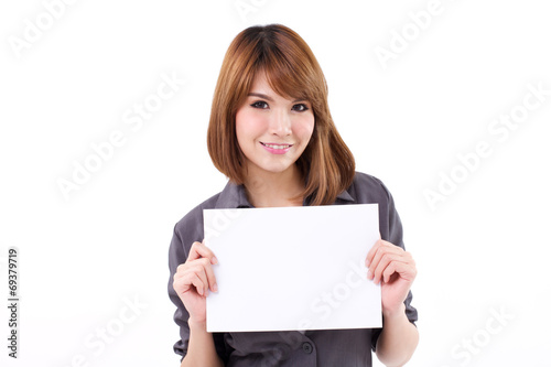 Business woman holding a banner, board, blank card for space