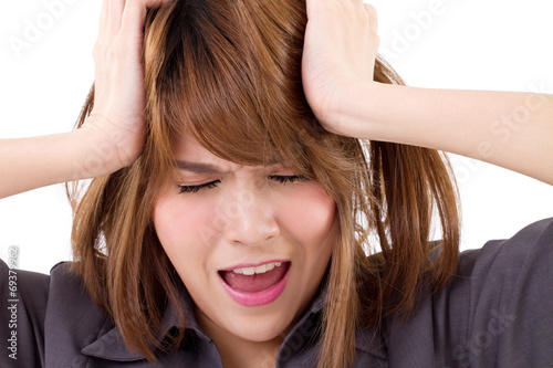 business woman screaming, crying, shouting on white isolated bac