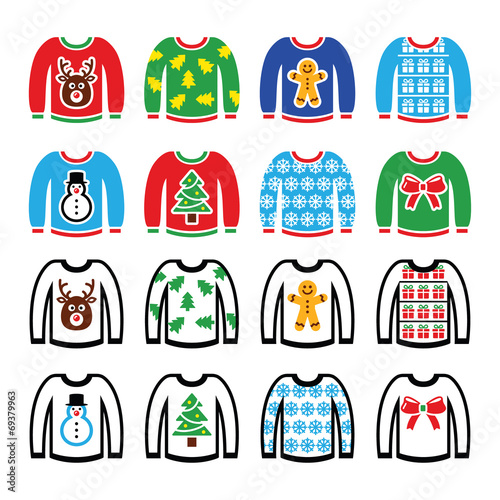 Ugly Christmas sweater on jumper icons set
