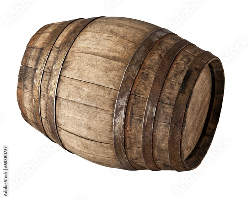  classic wooden barrel with metal bands. used and ancient isolated on white.
