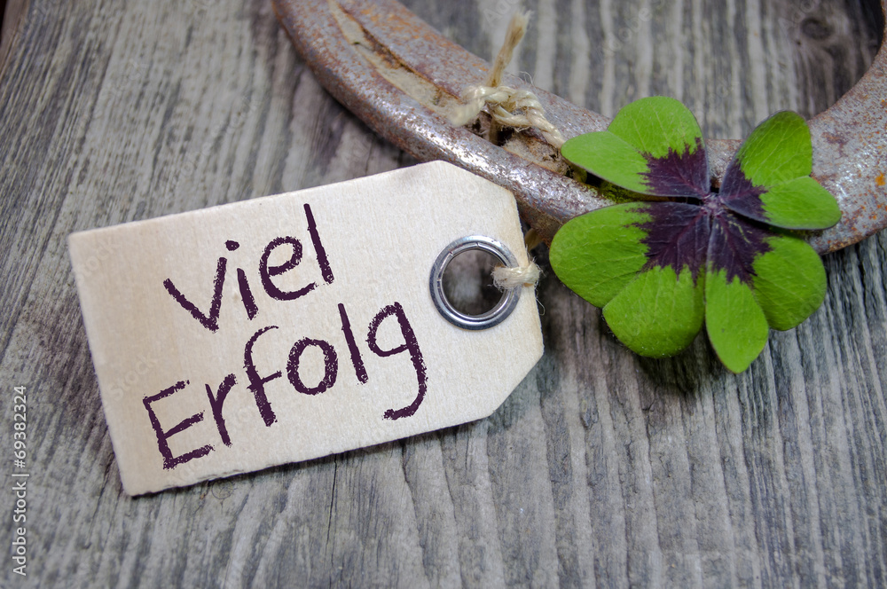 Hufeisen mit Kleeblatt und Holzanhänger und Viel Erfolg 스톡 사진 | Adobe Stock