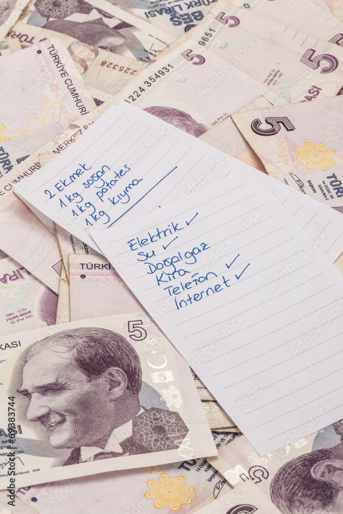 expense list in turkish on turkish liras