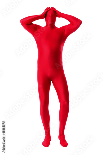 man in a red body suit