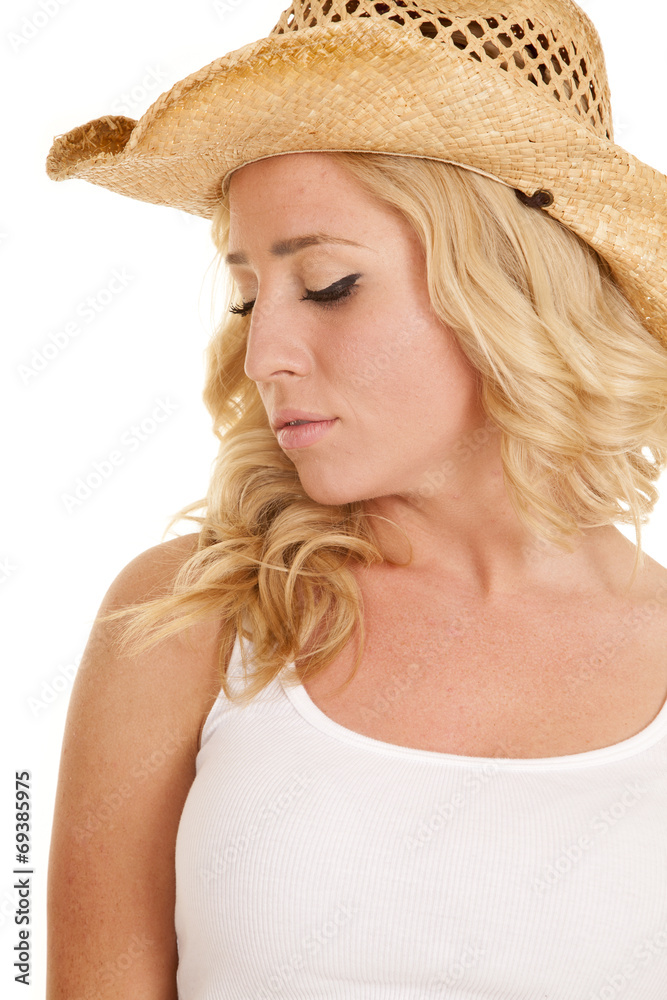 cowgirl white tank hat close look down side cowgirl white tank hat close look down side