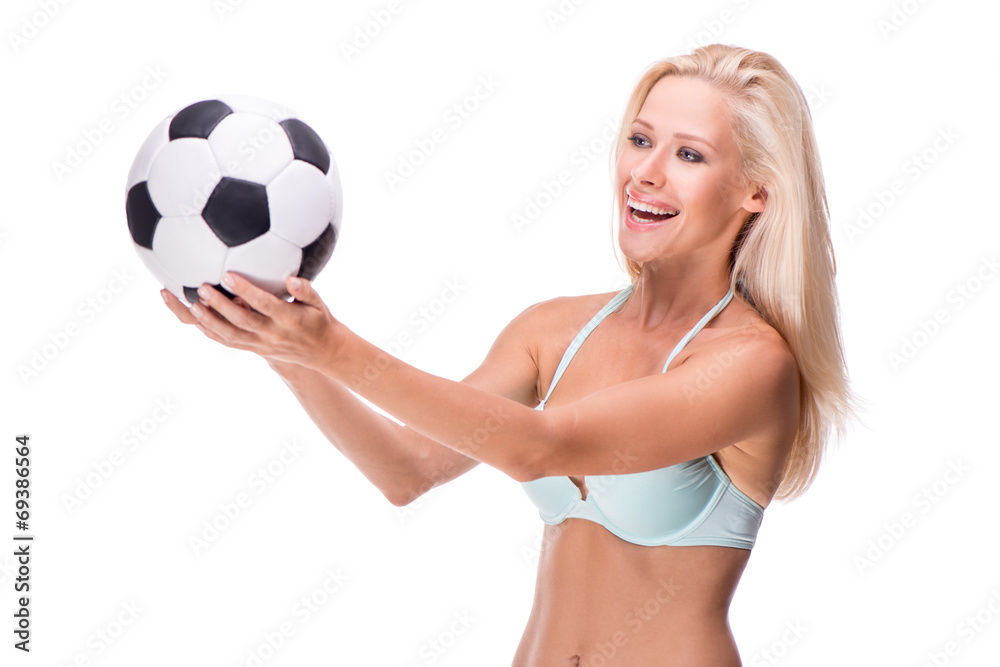 Happy woman with soccer ball, isolated Happy woman with soccer ball, isolated