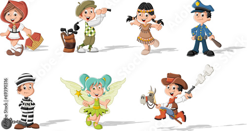 Group of cartoon kids wearing different costumes