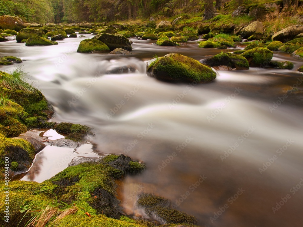 Obraz premium Noisy stream with blurred waves, water run over boulders