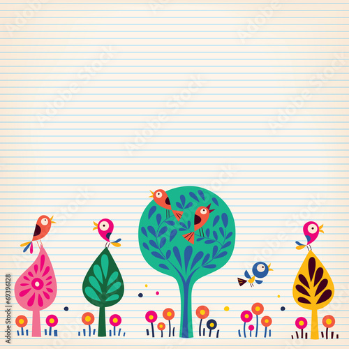 birds in the trees nature illustration lined paper background