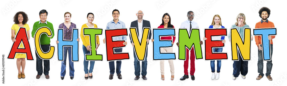 Multiethnic Group of People Holding Letter Achievement Multiethnic Group of People Holding Letter Achievement