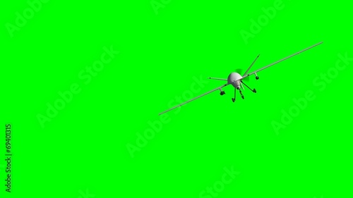 armed predator drone in flight on the camera - green screen