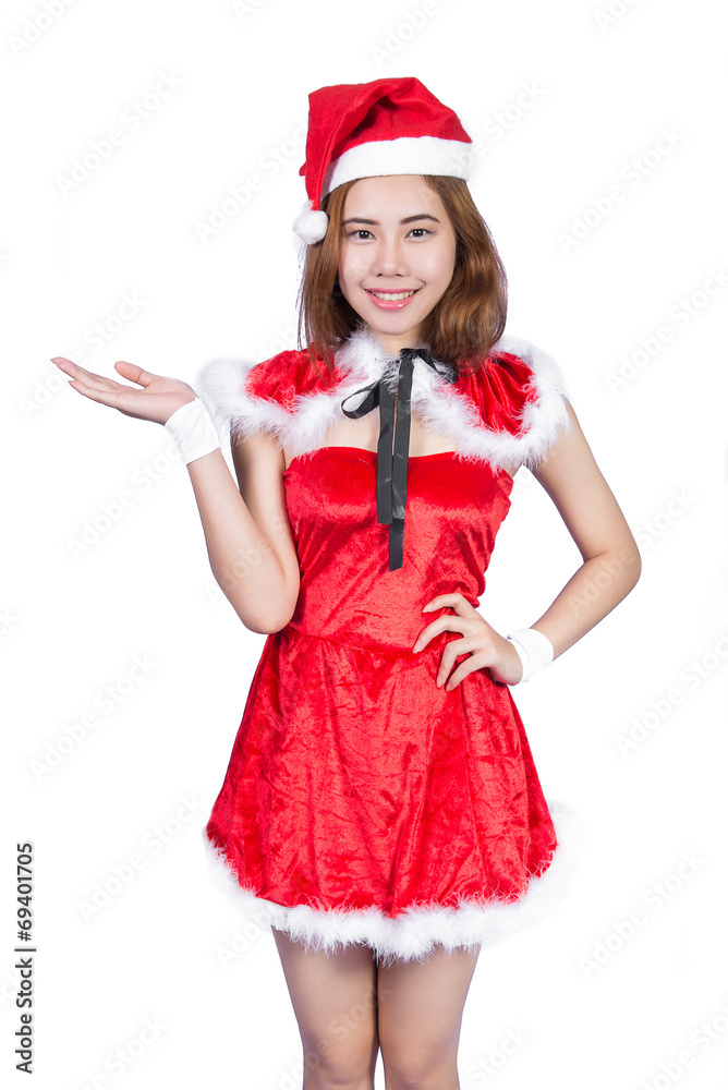 Pretty Asian girl in Santa costume for Christmas on white backgr Pretty Asian girl in Santa costume for Christmas on white backgr