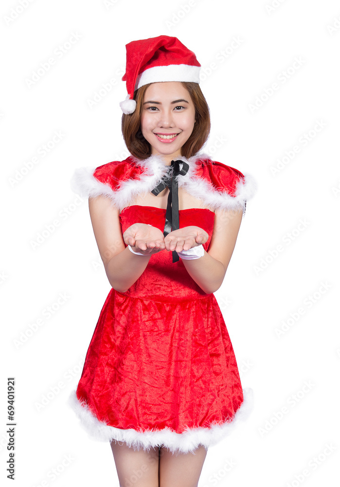 Pretty Asian girl in Santa costume for Christmas on white backgr Pretty Asian girl in Santa costume for Christmas on white backgr