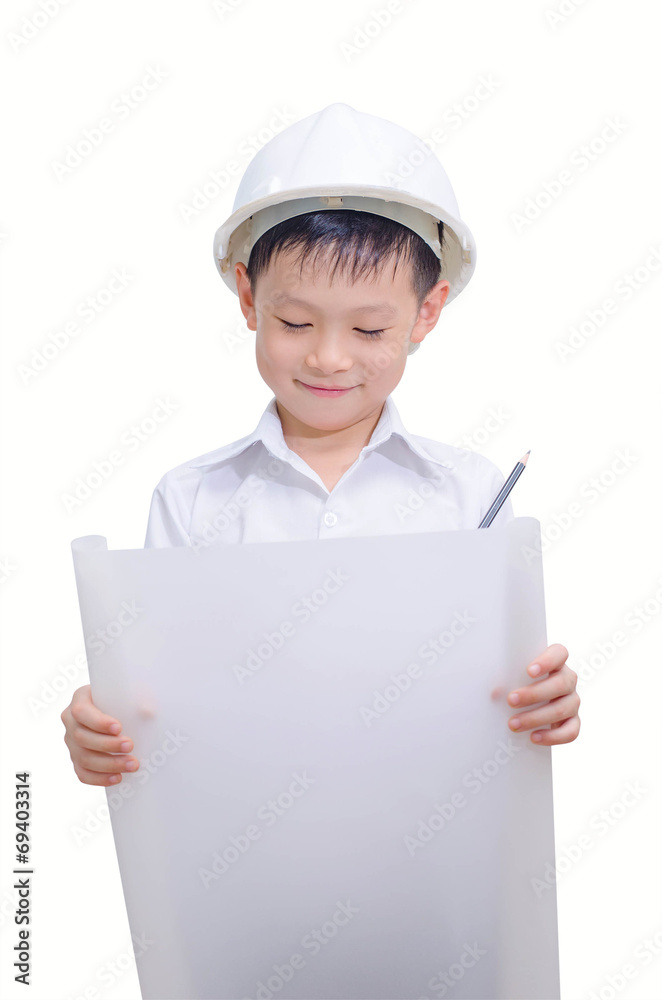 Little smiling builder in helmet. Isolated on a white background Little smiling builder in helmet. Isolated on a white background
