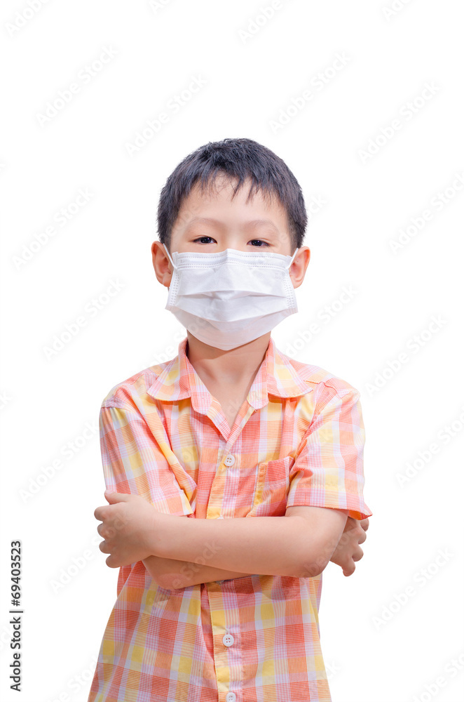 Asian boy in medicine healthcare mask isolated on white backgrou Asian boy in medicine healthcare mask isolated on white backgrou