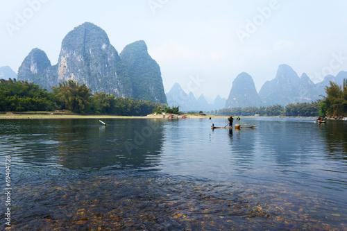 Li River scenery sight with fog in spring, Guilin, China