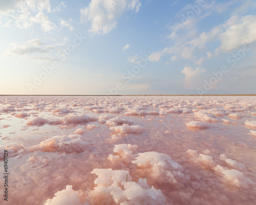 Pink salt lake, where salt is mined for food.