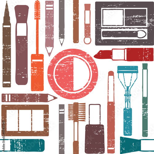 Grunge retro vector seamless pattern with makeup objects 1