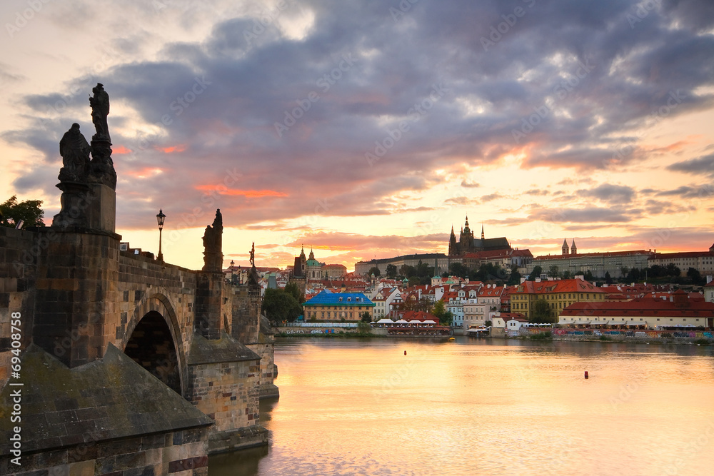 View of Charles bridge, old town and cathedral.