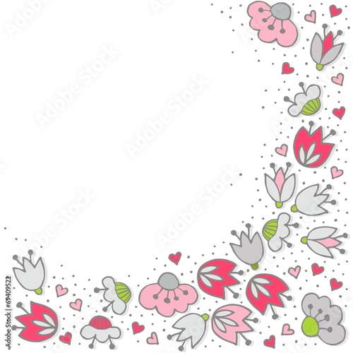 różowe szare kwiaty i kropki obramowanie na bieli