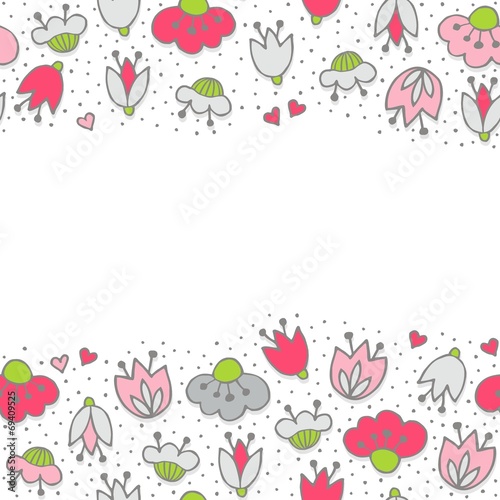 różowe szare kwiaty i kropki poziomy border na białym tle