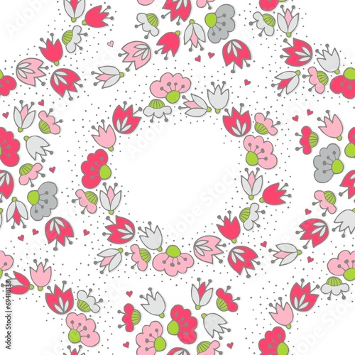 różowe szare kwiaty i kropki ozdobny wieniec deseń na bieli