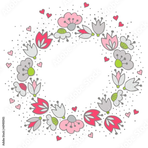 różowe szare kwiaty i kropki ozdobny wieniec na białym tle