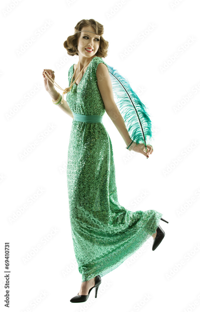 Woman feather in fashion retro sequin dress walking or dancing Woman feather in fashion retro sequin dress walking or dancing