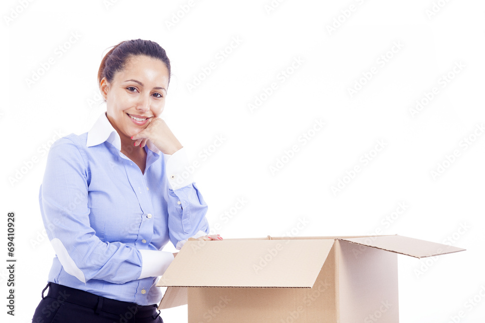 Woman standing with a cardboard box, isolated on white Woman standing with a cardboard box, isolated on white