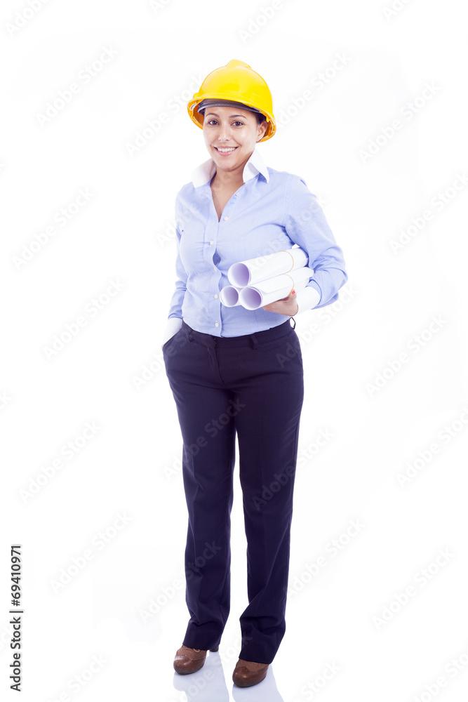 Female engineer holding blueprints, isolated on white Female engineer holding blueprints, isolated on white