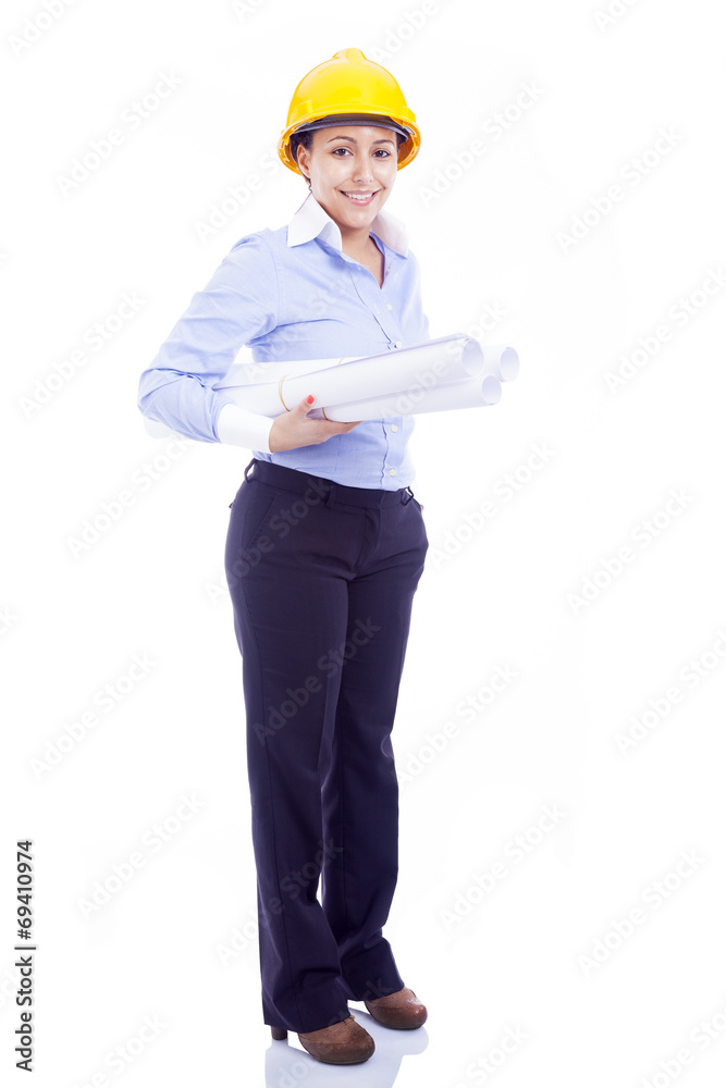 Female engineer holding blueprints, isolated on white Female engineer holding blueprints, isolated on white