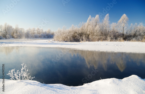 winter scene with river background.